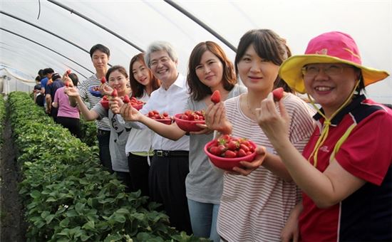 하나생명 김태오 대표(오른쪽에서 네번째)가 지난달 31일 진행된 전직원 팀빌딩 연수 중 딸기농장 체험에 직접 참가해 기념촬영을 하고있다. 


