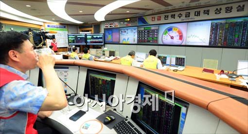[포토]더위 속 물 마시는 전력거래소 상황실장