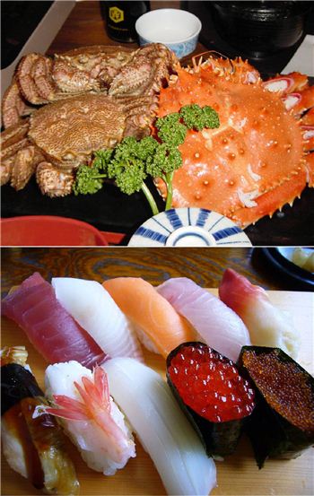  홋카이도의 대표적인 해산물 털게 요리와 신선한 스시.