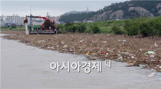 [포토]영산강에 쌓인 쓰레기 치우는 공무원들