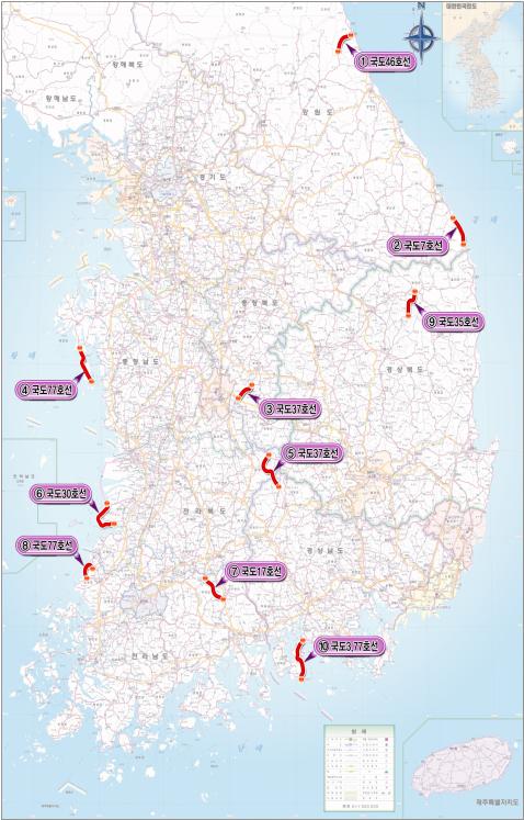 ‘국도 드라이브코스 베스트10’위치도