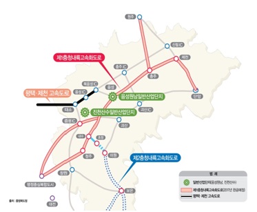 충북지역 도로망과 일반산업단지 위치도.