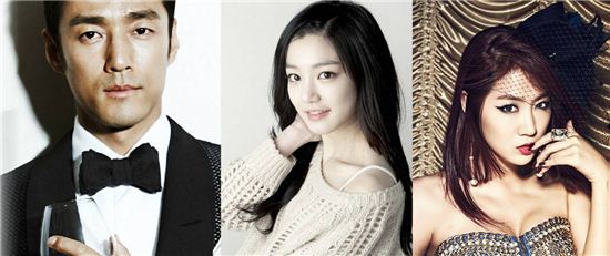 왼쪽부터 지진희, 이유비, 씨스타 소유[사진=두산 베어스 제공]