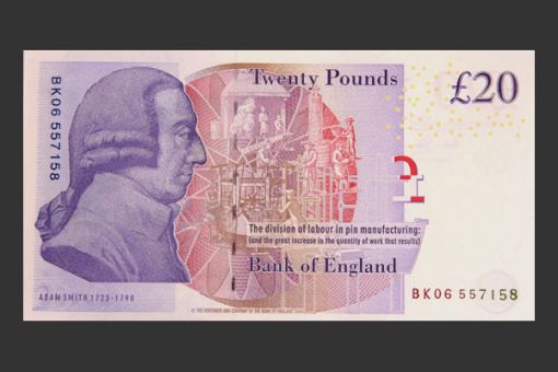 영국 경제학의 아버지 애덤 스미스가 그려진 20파운드 지폐