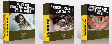 지난해 호주 정부는 담배 값에 브랜드를 표시하지 못하게 하고, 흡연의 위험을 경고하는 사진과 문구를 넣도록 햇다. 담배 이름은 정해진 곳에 정해진 크기로 표기된다. 
사진= 호주 보건부

