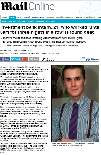 英 메릴린치 투자은행에서 인턴직원 과로사