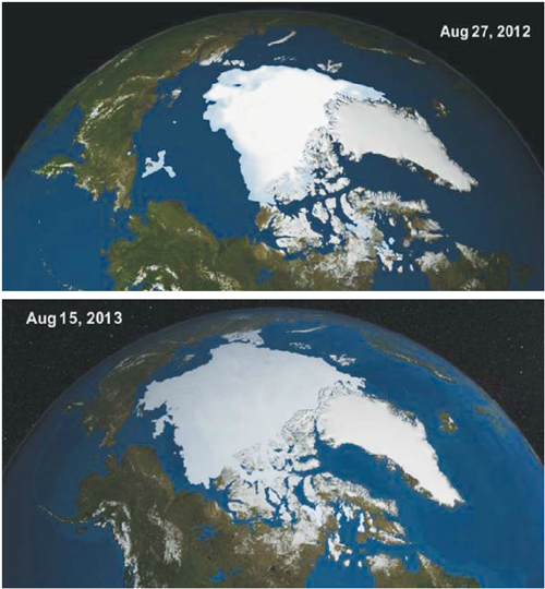 ▲북극 빙하 증가(출처: 미 항공우주국)