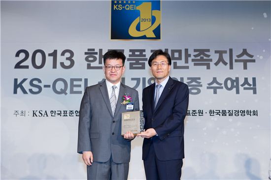 박운회 에몬스가구 이사(왼쪽)이 김창룡 표준협회 회장으로부터 '2013 한국품질만족지수(KS-QEI) 1위 기업' 인증패를 받고 있다.