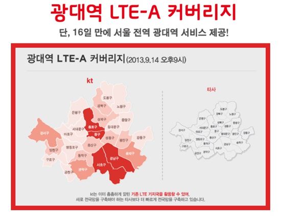 KT가 오는 23일부터 강서, 관악, 송파구로 광대역 LTE 서비스 지역을 확대한다. 26일부터는 강북, 광진, 동작, 성동, 성북, 양천, 용산구로, 30일부터는 서울 전역으로 서비스 범위를 넓힌다.
