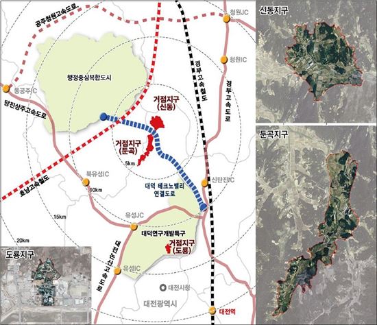 국제과학비즈니스벨트 거점지구인 대전시 유성구 둔곡, 신동 위치도.