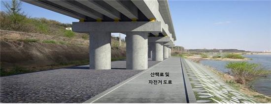 금호강변 철도교량 아래 산책로 및 자전거길 전경.