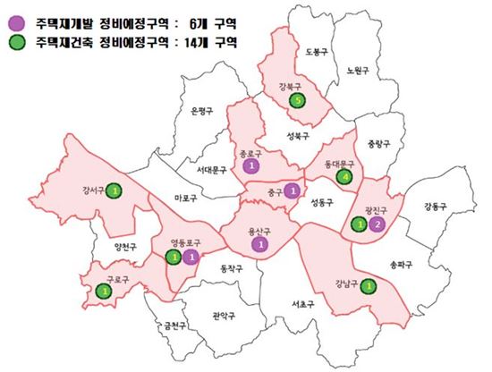2일 열린 16차 서울시 도시계획위원회를 통해 해제되는 정비구역·정비예정구역 분포도
