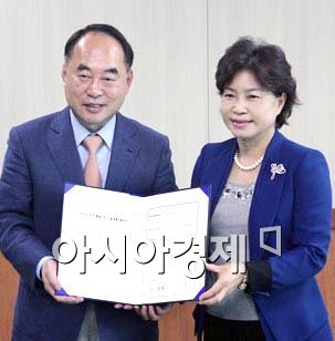 조정희 전남한방산업진흥원장과 서구동 구례군수(왼쪽)가 기념촬영을 하고 있다.