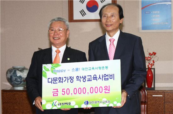 지난 11일 정성욱 금성백조주택 회장(왼쪽)이 김신호 대전시교육감(오른쪽)에게 5000만원의 후원금을 전달했다.