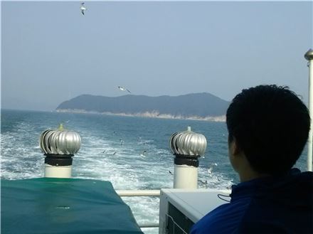 ▲갈매기들이 배 뒤꽁무니를 끈질기에 따라 붙었다.