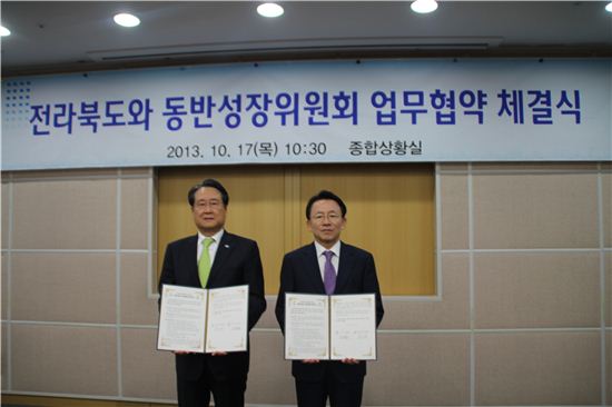 유장희 동반성장위원장(왼쪽)이 김완주 전북도지사와 업무협약 체결 후 기념촬영을 하고 있다. 
