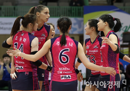 [포토] 득점에 기뻐하는 흥국생명