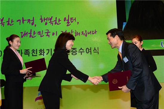 조윤선 여성가족부장관(왼쪽)이 서강호 대표에게 가족친화기업 인증서를 전달하고 있다.


