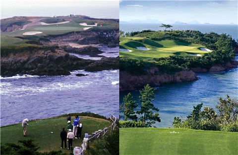  미국 최고의 홀로 선정된 사이프러스 16번홀(왼쪽)과 한국의 해남 파인비치 6번홀.