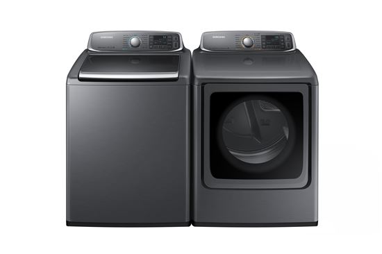 ▲업계 최대 25㎏ 용량의 삼성전자 전자동세탁기(왼쪽) 및 건조기