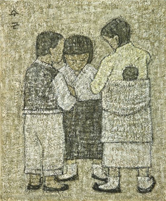 박수근 작품 '아기 입은 소녀와 아이들'.