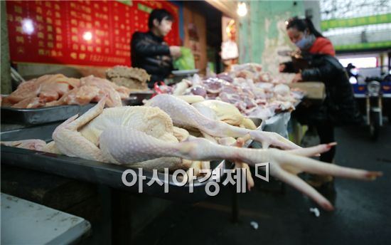 최근 중국와 한국 등에서 조류독감 공포가 확산되고 있는 가운데 지난 4일 중국의 한 시장에서 닭고기가 거래되고 있다. 