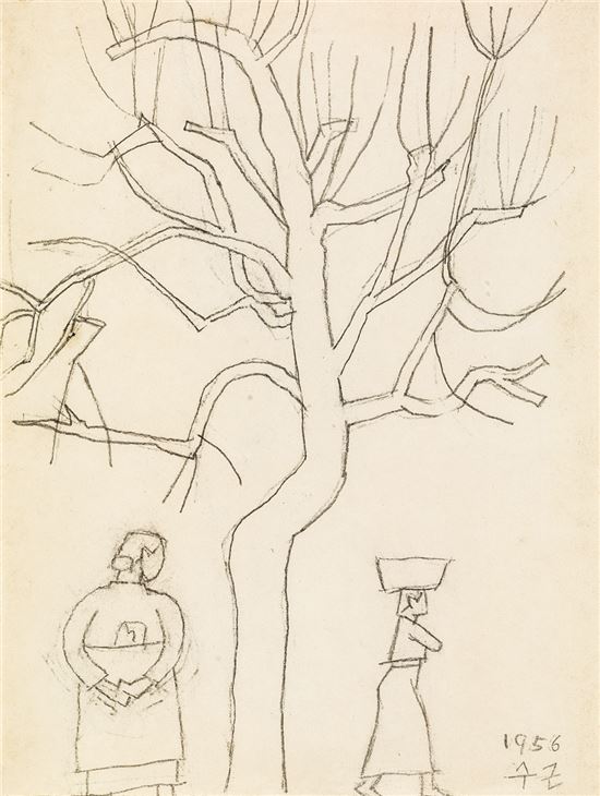 박수근, 나무와 두 여인, 1956년 작.