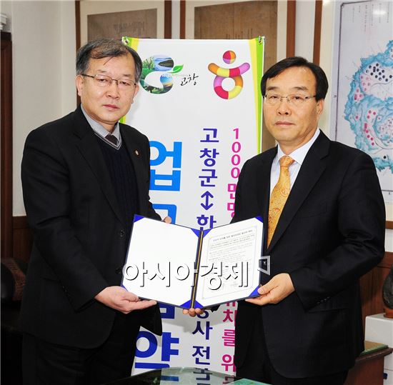 이강수 고창군수(오른쪽)와 이철희 한국관광공사 전북협력단장이 기념촬영을 하고있다.