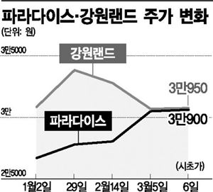 카지노株 파라다이스, 강원랜드 ‘희비의 쌍곡선’