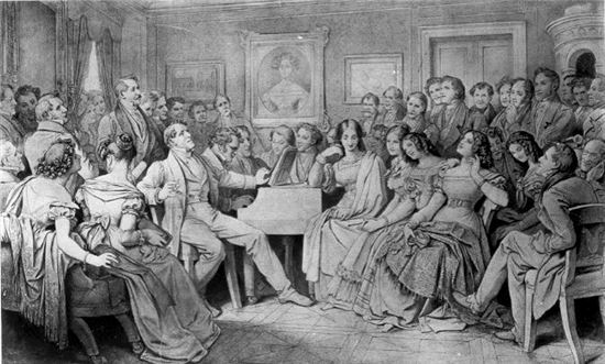 ▲모리트 폰 슈빈트(Moritz von Schwind)의 그림 '슈베르트의 밤과 요세프 폰 슈폰(Ein Schubert-Abend bei Josef von Spaun)'. 슈베르트가 피아노를 치고 있고. 벽에 걸린 초상화에 캐롤린의 모습이 담겨있다.