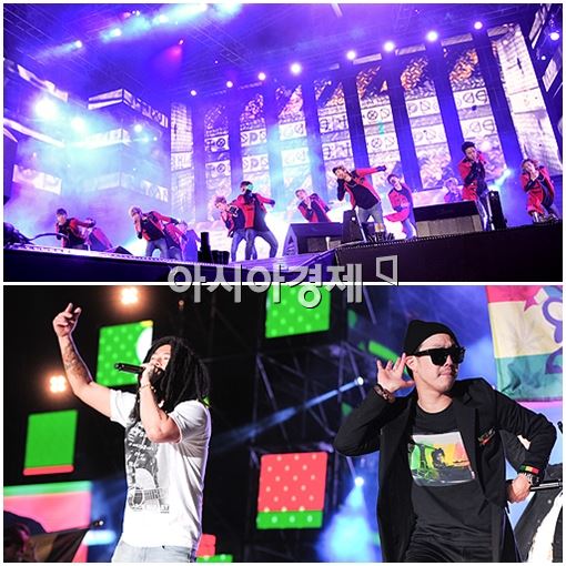 ▲ 그룹 탑독과 하하&스컬이 '와팝 K-드림콘서트' 무대에 올라 열창하고 있다.