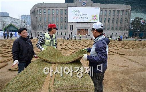 [포토]서울광장 잔디 깔기