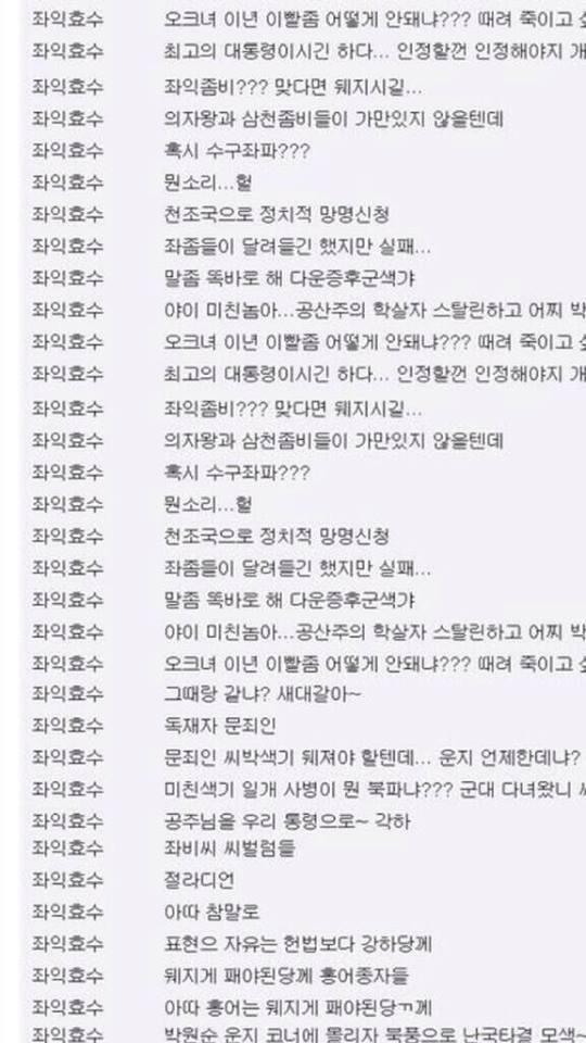 ▲'좌익효수'라는 닉네임의 국정원 직원이 온라인에서 한 발언들 (출처: 온라인 커뮤니티)