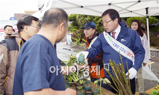 박철환 해남군수가  식목일을 맞아 주민들에게 나무를 나눠 주고있다.