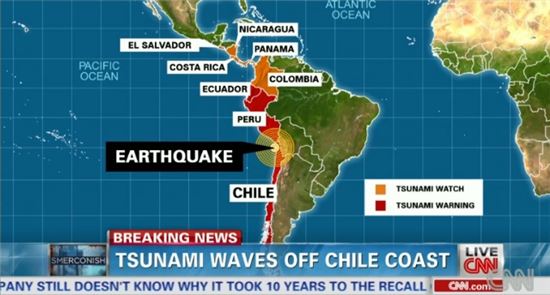▲ 칠레에서 규모 8.2의 강진이 발생해 5명이 사망했다. (출처: CNN 방송 캡처)
