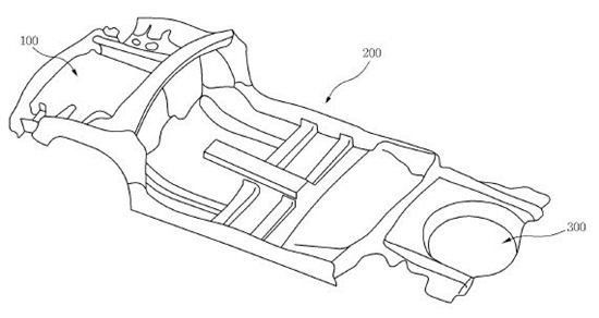 LG전자가 국내 특허청에 출원한 전기차 차체용 프레임 특허. 
100-전방 차체, 200-중앙 차체, 300-후방 차체.
