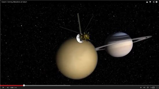 ▲카시니호가 토성과 토성의 달인 타이탄을 탐사하고 있는 이미지.[사진제공=NASA]