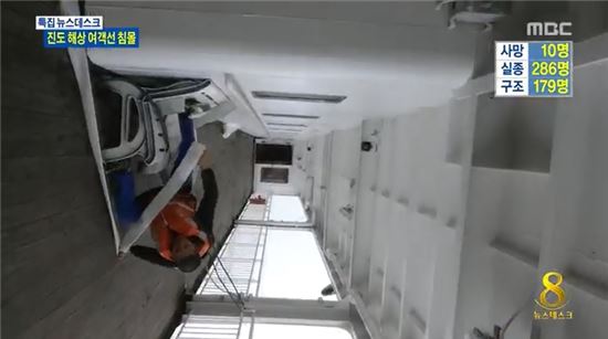 ▲김홍경씨가 기울어진 세월호에서 소방호스를 이용해 학생들을 구조하고 있다.(출처: MBC 방송화면)