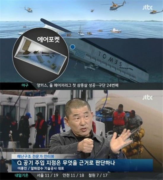 ▲이종인 대표가 방송에서 다이빙벨을 소개하고 있다. (출처: JTBC '뉴스9' 캡처)