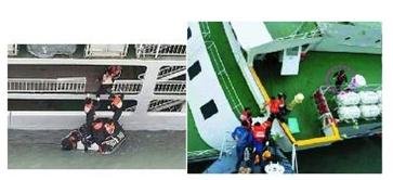 왼쪽 사진은 글쓴이가 "배가 15도정도 기울어졌을 때 이미 해경이 도착했다"고 주장하는 사진. 오른쪽 사진은 해경이 가장 먼저 도착했다고 주장하는 시점의 사진.