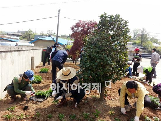 장성군 농업기술센터 직원과 녹진 농촌건강장수마을 주민 합동으로 ‘꽃심기’ 행사를 하고있다.