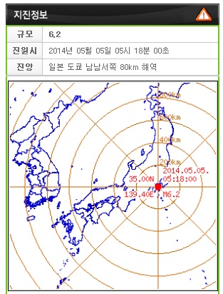 ▲일본 도쿄 남남서쪽 80km 해역에서 규모 6.2의 지진이 발생했다. (사진: 기상청 지진센터 홈페이지 캡처)