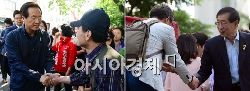 [포토]시민들과 인사하는 두 후보, 정몽준-박원순