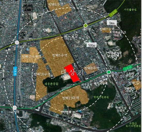 지난 21일 서울시 심의를 통과한 방배14구역(붉은색) 외 나머지 사업지 위치도 / 서울시