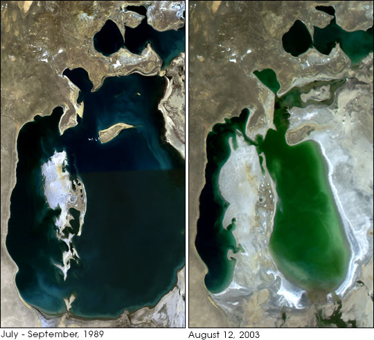 ▲1989년과 2003년을 비교한 아랄 해 위성사진. 남쪽 아랄 해가 한 눈에 줄어든 것을 확인할 수 있다.[사진제공=NASA]