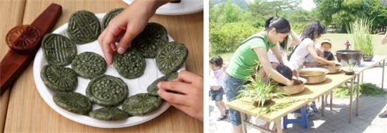(왼쪽부터)수리취떡 만들기, 창포물에 머리감기 

