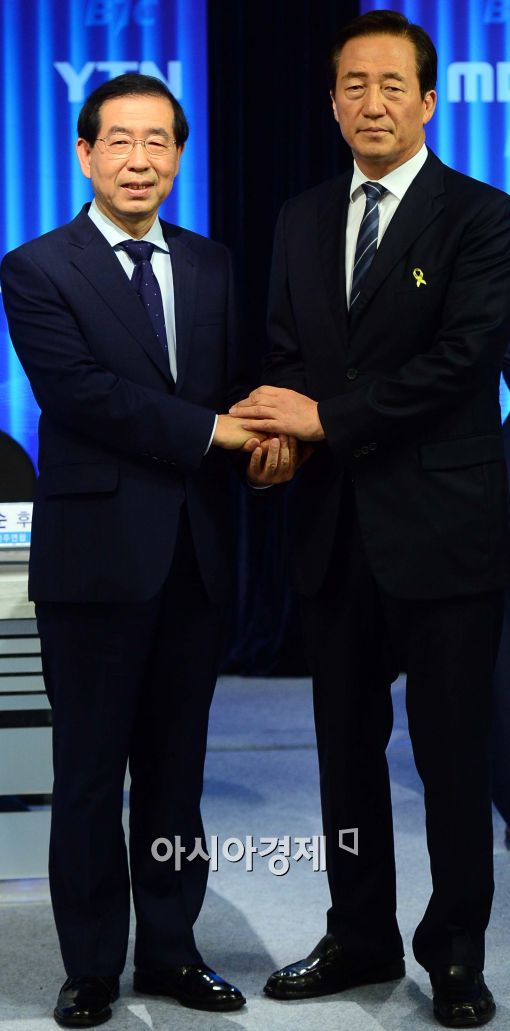 [포토]박원순-정몽준 후보, '잘 해봅시다'