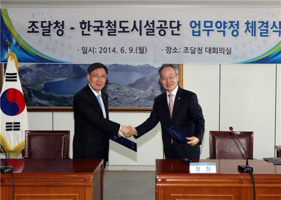 민형종(오른쪽) 조달청장과 강영일 한국철도시설공단 이사장이 협약을 맺고 악수하고 있다.