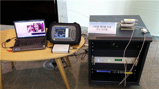 ▲ETRI가 개발한 고효율 케이블 단말 수신 시스템(우측)을 통해 계측장 바로 왼편의 모니터에서 화면을 수신하고 있는 모습.