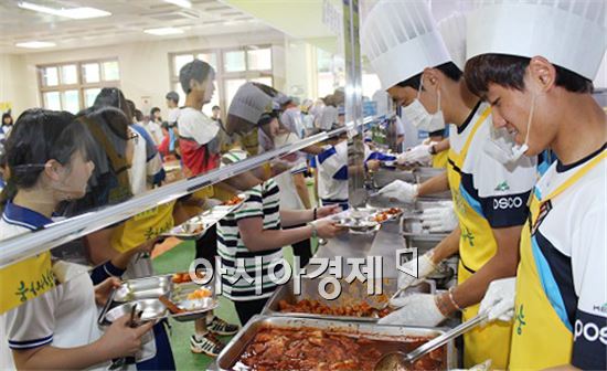 전남드래곤즈 축구선수들이 광영중학교를 찾아 배식봉사를 실시했다.